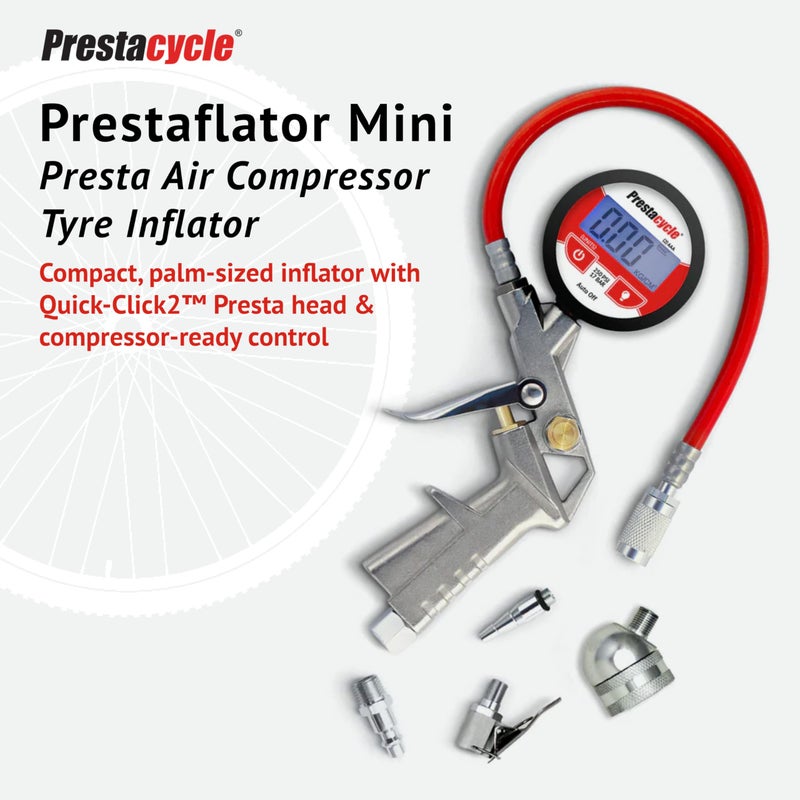 Prestacycle Prestaflator Digital Bicycle Tyre Inflator - Portable Digital Gauge, High Precision Presta & Schrader Air Compressor Tool, Variable-Rate Trigger, Aluminum, Tubeless Tire Inflation & Pressure Checker - Image 2